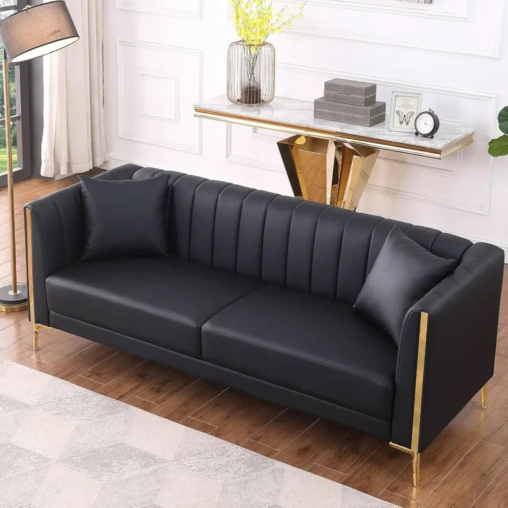 78'' Sofa, Black Couches for Living Room, Comfy Sofas Faux Leather Sofa 3 Seater Couches with 2 Throw Pillows and Gold Metal Le