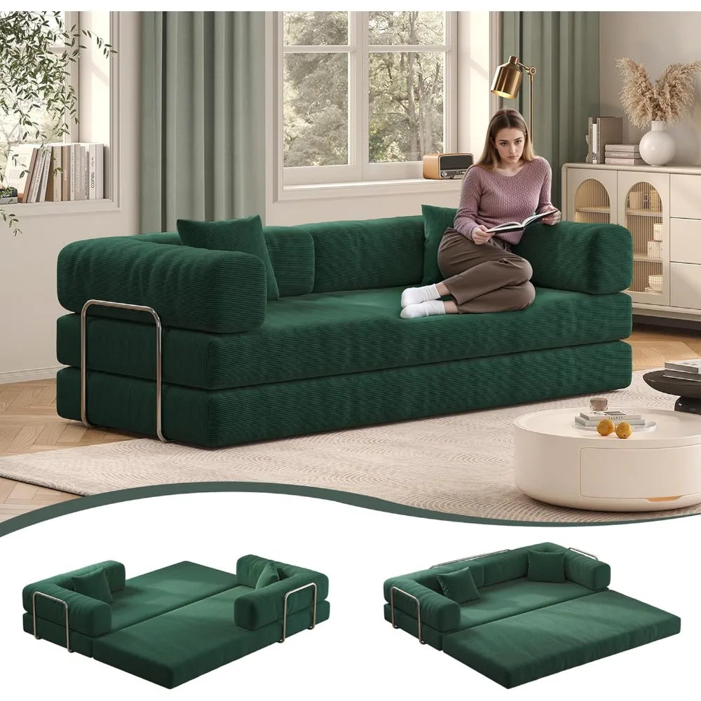 79" Convertible Sofa Bed with Pillows, Corduroy Folding Sleeper Sofa with Fixed-Shape Frame, Boneless Couch for Living Room Bedr
