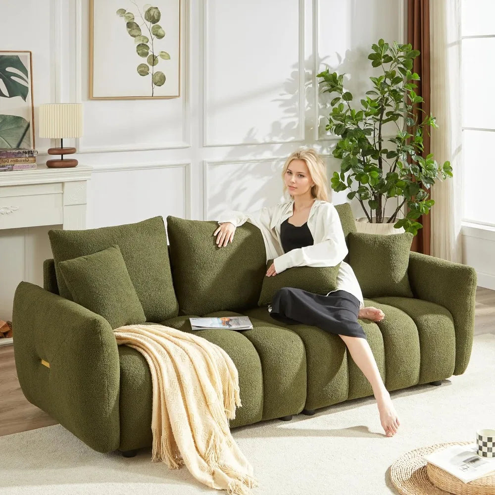 Teddy Cloud Sofa Couch, Comfy Upholstered Sherpa Deep Seat Boucle Sofa, Cozy Modern 3 Seater Couch with 3 Pillows, Oversized Lov