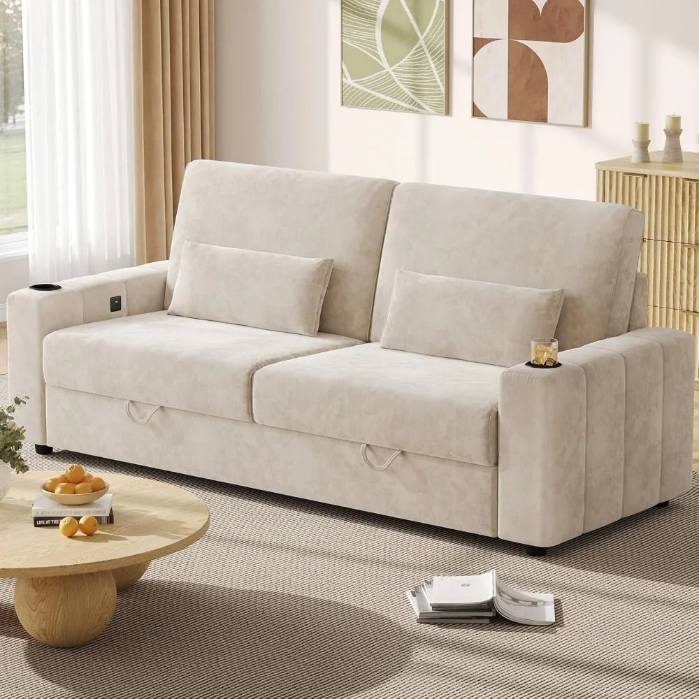 Loveseat Sofa, Larger Couch Velvet Fabric with Storage, Charging Ports, Heightened Backrests, Removable Cover Modern Comfy Couch