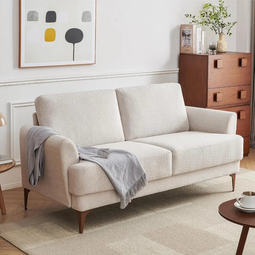 63" Fabric Loveseat Sofa, Mid-Century Modern Decor 2 Seater Love Seat Couches, Comfy Armrest Small Couch with Wood Grain Legs fo