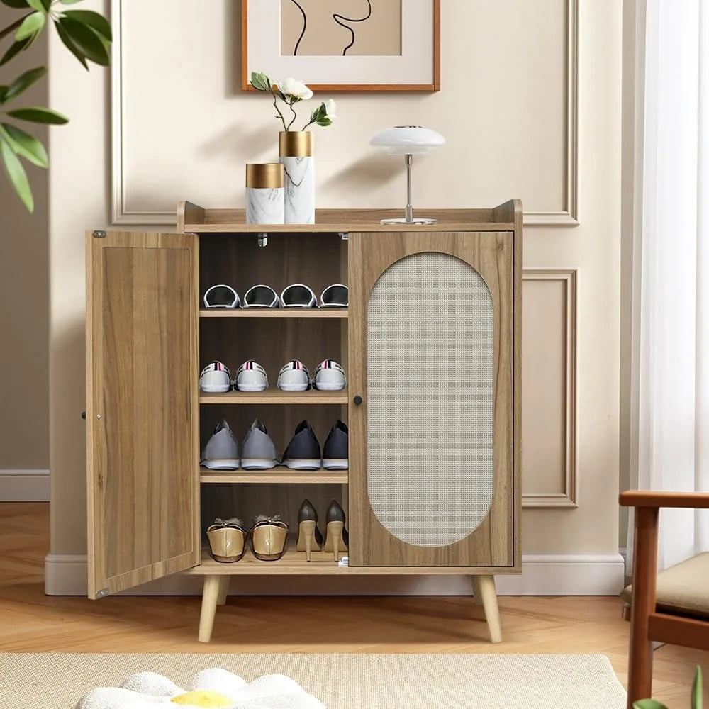 Rattan Shoe Storage Cabinet, 2-Door Modern Entryway Console Table with Storage for Sneakers, High Heels (Walnut)