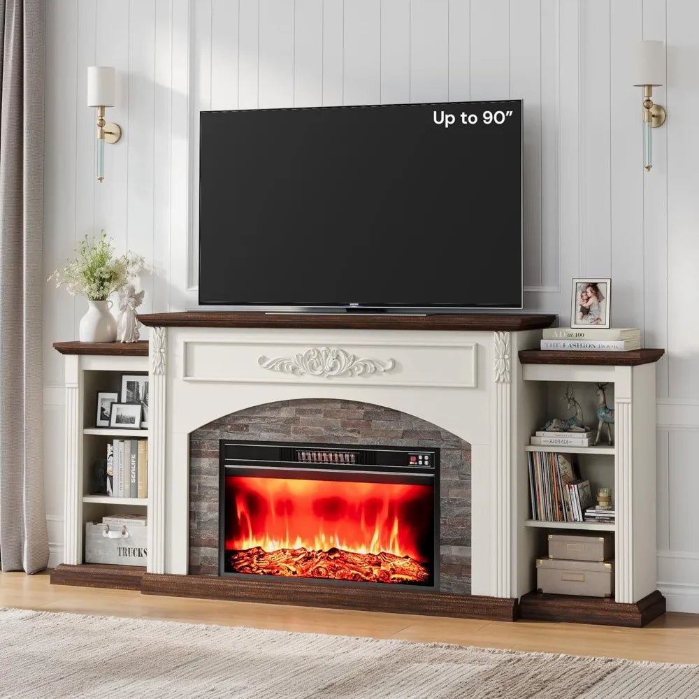 80" Electric Fireplace with Mantel, Fireplace TV Stand for TVs Up to 90",Modern Entertainment Center with Realistic Stacked Ston