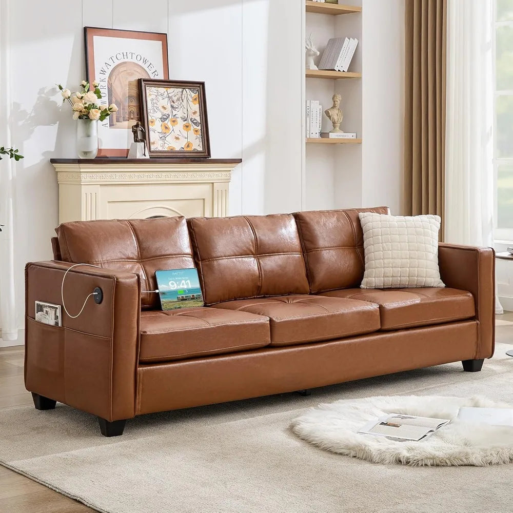 88" W Faux Leather Sofa Couches for Living Room, Mid-Century Modern Tufted Comfy 3 Seater Couches w/USB and Wider Arms, 3 Seate