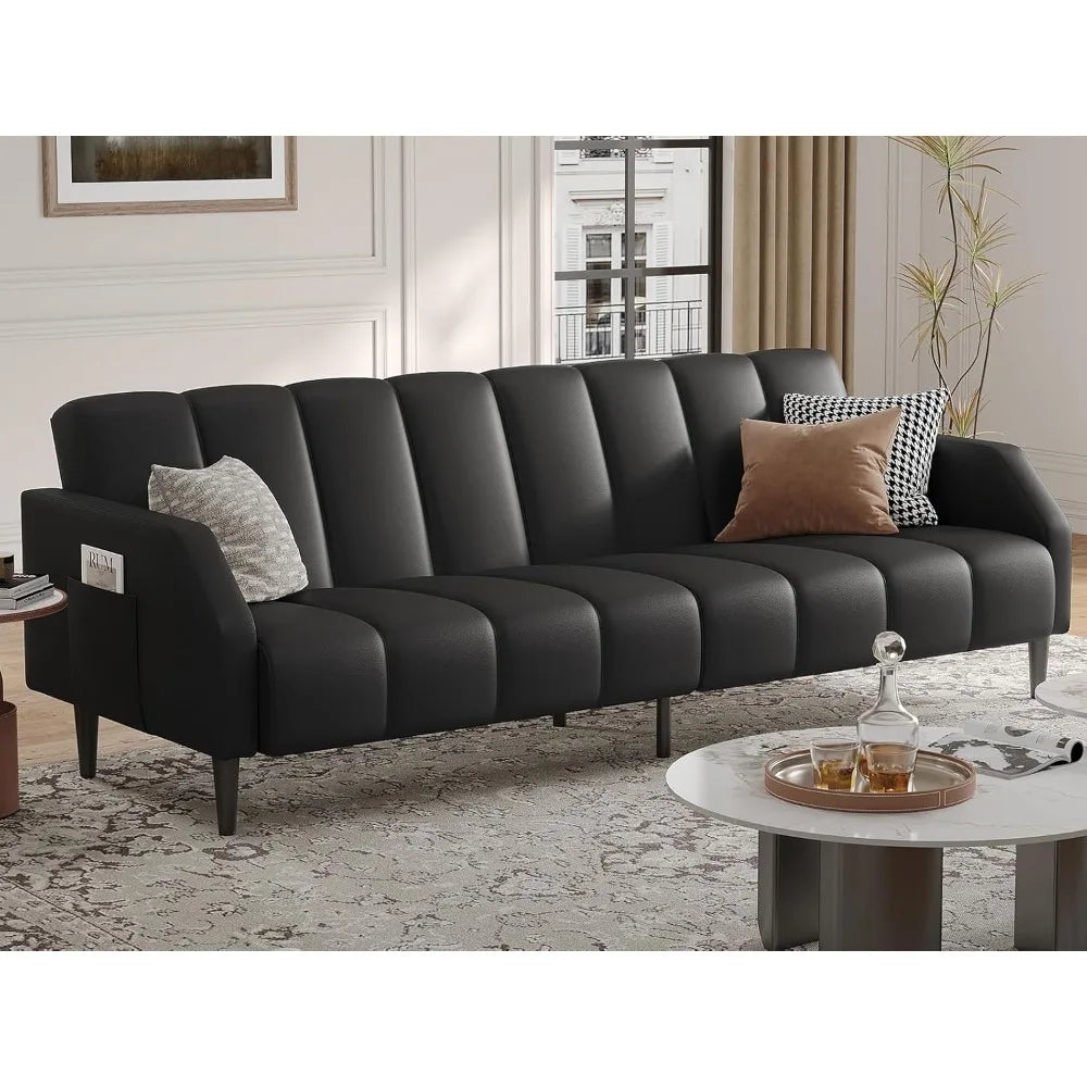 Faux Leather Couch, Convertible Futon Sofa Bed with Adjustable Backrest, Mid Century Leather Sofa Loveseat with Side Pockets& M