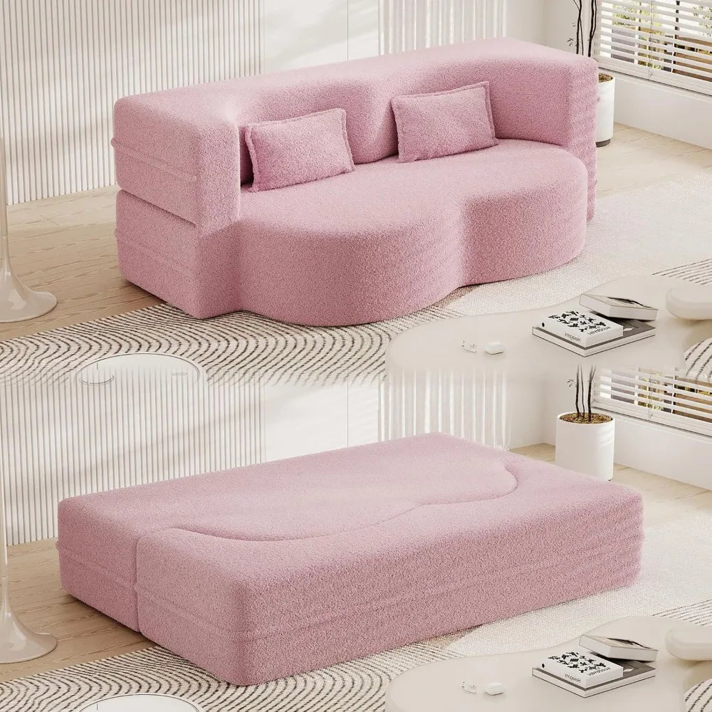 Folding Sofa Bed,15" Full Size Floor Couch,Convertible Teddy Fabric Foam-Filled Sleeper Futon Loveseat Couch for Living Room, Gu