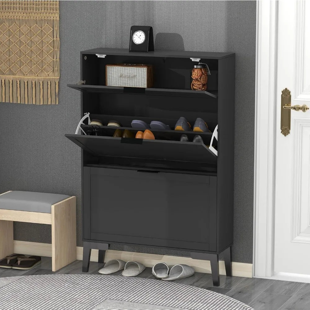 Modern Shoe Cabinet for Entryway - Black Wooden Hidden Shoe Cabinet - Narrow Free Standing 3 Tier Rack