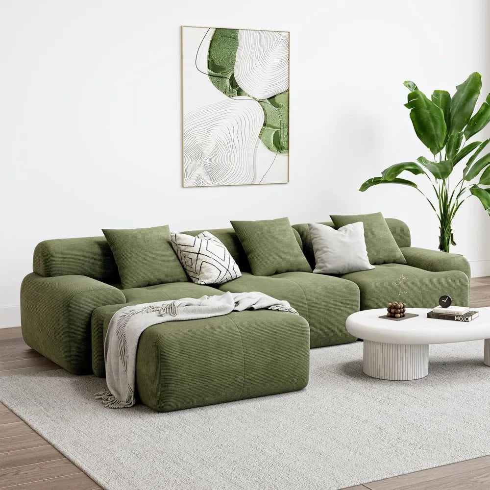 likimio 118" modern l-shaped modular sectional sofa for living room, corduroy upholstery green, oversized 3-seater couch with de