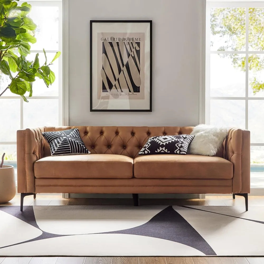 84" W Faux Leather Sofa Couch with Metal Legs, Button-Tufted 3-Seater Sofa, Mid Century Modern Upholstered Couch for Living Roo