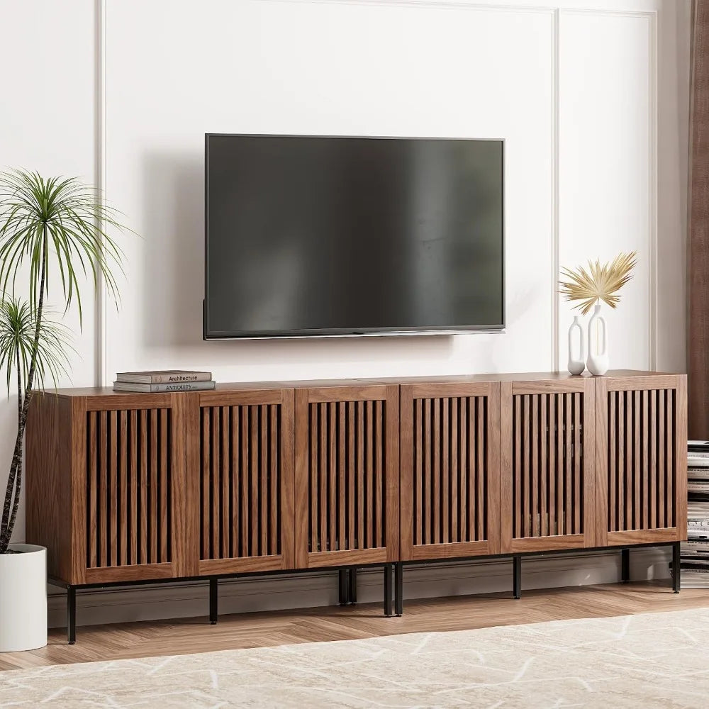 Farmhouse TV Stand for TVs up to 100 inch, 2 in 1 Entertainment Center TV Console with Storage Cabinets and Metal Base,Brown Med