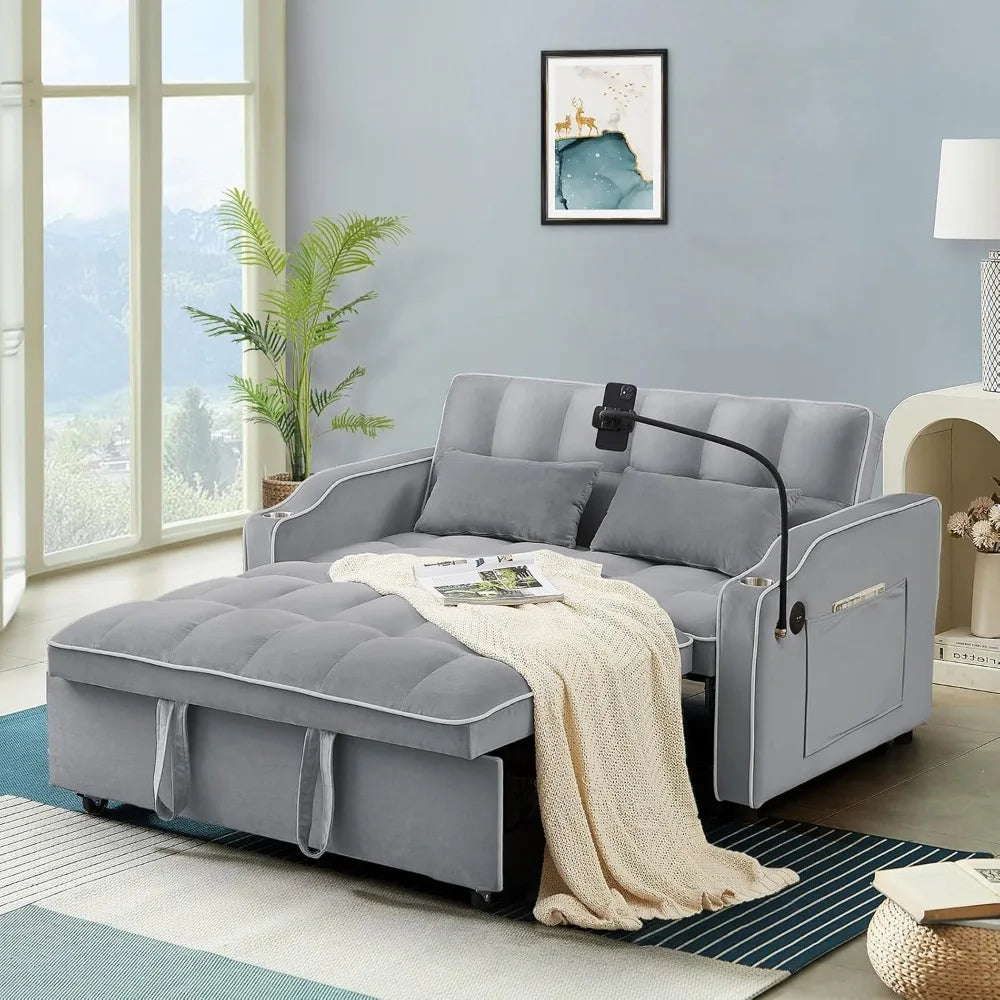 Sleeper Sofa Couch Bed with USB & Type C Port, Modern 3-in-1 Convertible Velvet Pull Out Loveseat Futon Sofa w/Phone Holder/Cup