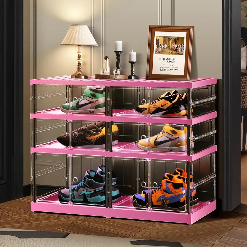 3-Tier Foldable Shoe Rack for Closet Entryway 6-12Pairs, Stackable Clear Shoe Storage Boxes Organizer with Door Plastic Small Sh